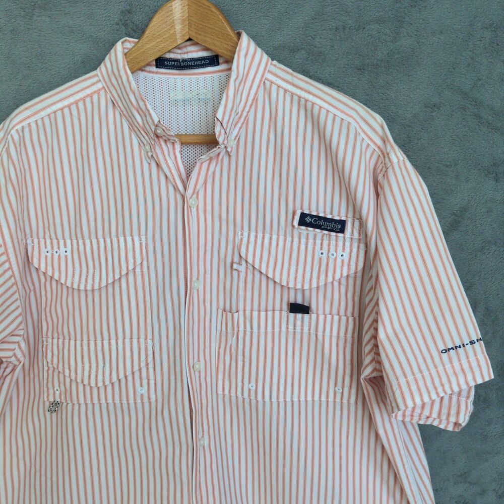 Columbia PFG Super Bonehead Fishing Shirt Mens XL Orange Stripe Omni Shade Vents